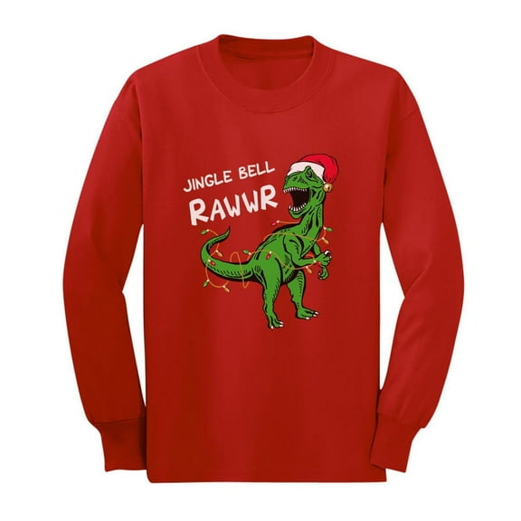 Tstars Boys' Jingle Bell Rawr T-Rex Santa Christmas Long Sleeve Shirt - Fun Holiday Gift for Kids