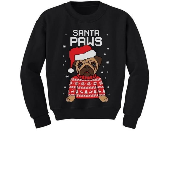 Tstars Boys Mens Unisex Christmas Sweatshirt Gift for Dog Lover Pug Fans Santa Paws Youth Xmas Shirt