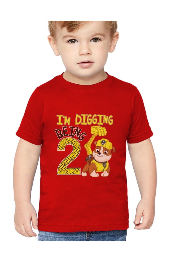 Boys Paw Patrol 2nd Birthday Shirt - Rubble Digging Themed Tee - Official Nickelodeon Merchandise - Comfortable Cotton Toddler Kids T-Shirt - Perfect Gift for 2-Year-Old Birthday Celebrations