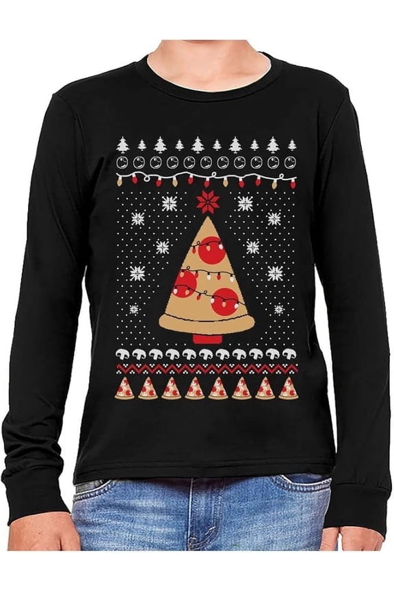 Boys Ugly Christmas Pizza Tree Long Sleeve TShirt, Youth Unisex Holiday Gift