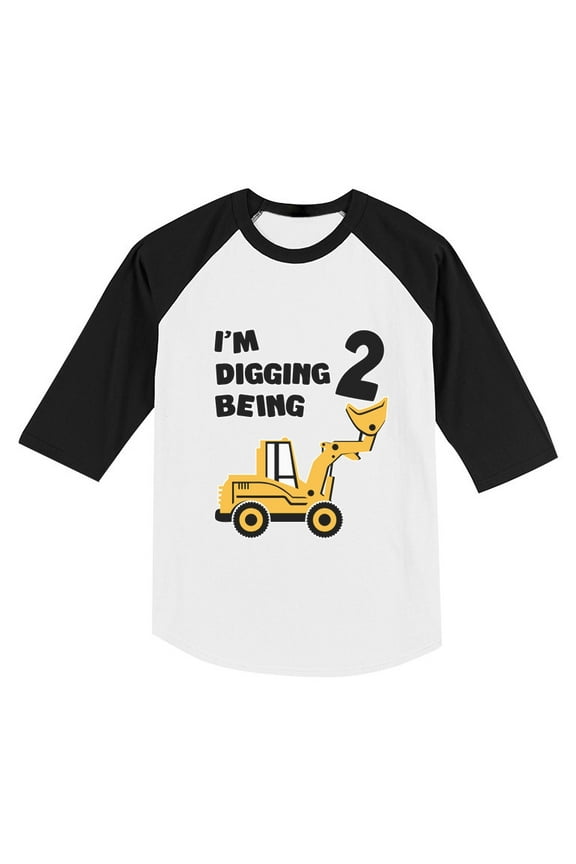 Boys Unisex 2nd Birthday Gift Birthday Gift for 2 Year Old Bulldozer Construction Birthday Shirts for Baby Boy Party Birthday Party B Day Toddler Raglan 3-4 Sleeve Baseball Tee