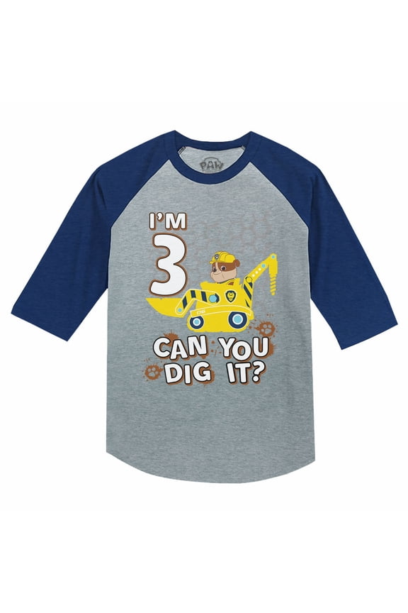 Boys Unisex 3rd Birthday Gift Shirt Birthday Gift for 3 Year Old Paw Patrol Rubble Tractor Birthday Shirts for Boy B Day Birthday Party 3-4 Sleeve Baseball Jersey Toddler Shirt