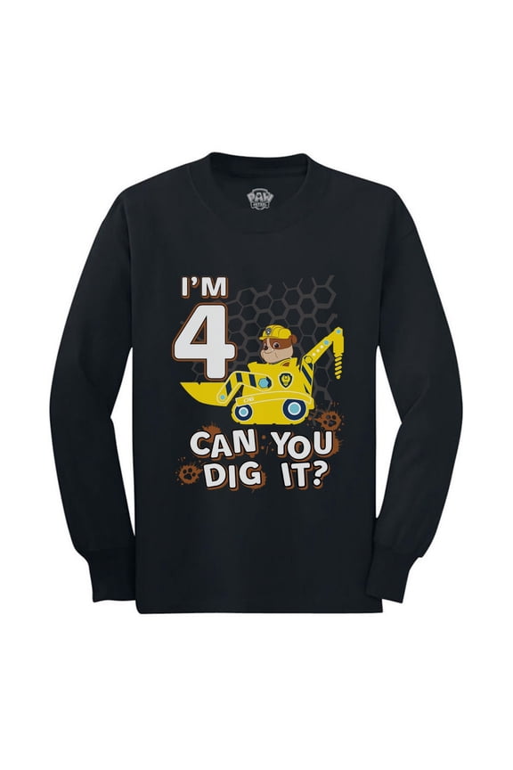 Boys Unisex 4th Birthday Gift Tshirt Birthday Gift for 4 Year Old Official Paw Patrol Rubble Tractor Birthday Shirts for Boy B Day Birthday Party Toddler Kids Long Sleeve T Shirt
