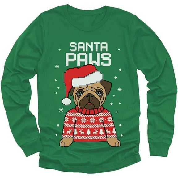 Tstars Boys Unisex Christmas T-Shirt Gift for Dog Lover Pug Fans Santa Paws Kids Holiday Long Sleeve