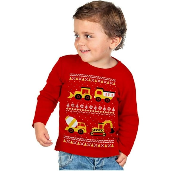 Tstars Construction Trucks Kids Ugly Christmas Sweater Style Toddler Long Sleeve T-shirt 5/6 Red