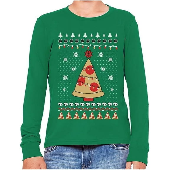 Tstars Boys Ugly Christmas Pizza Tree Long Sleeve TShirt, Youth Unisex Holiday Gift