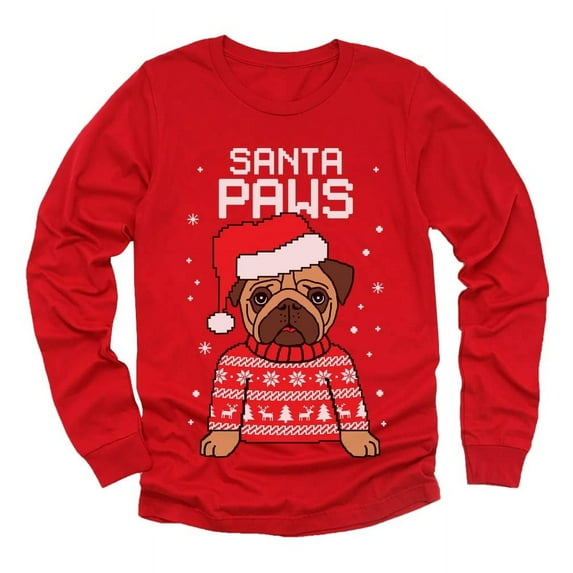 Tstars Unisex Boys Ugly Christmas Santa Paws Pug Dog Long Sleeve T-Shirt – Funny Holiday Gift for Kids