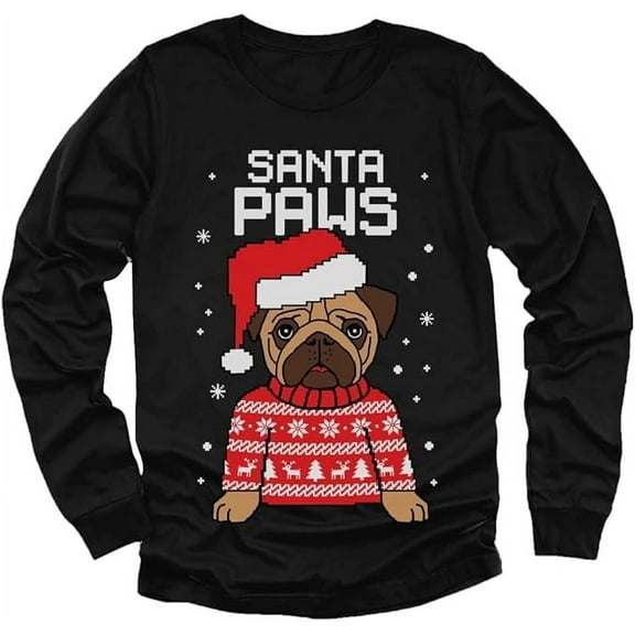 Tstars Boys Unisex Christmas T-Shirt Gift for Dog Lover Pug Fans Santa Paws Kids Holiday Long Sleeve