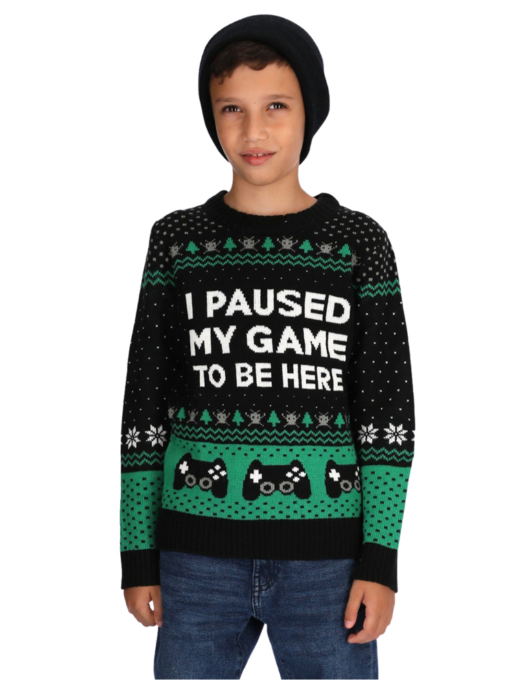 Tstars Boys Unisex Ugly Christmas Sweater Gift for Gamer I Paused My Game to Be Here Funny Video Gamer Kids Christmas Gift Holiday Shirts Party Funny Christmas Gifts for Boy Sweater Ugly Xmas Sweater - image 1 of 5
