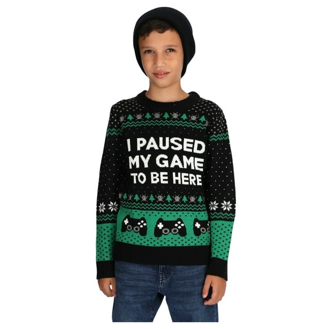 Tstars Boys Unisex Ugly Christmas Sweater Gift for Gamer I Paused My Game to Be Here Funny Video Gamer Kids Christmas Gift Holiday Shirts Party Funny Christmas Gifts for Boy Sweater Ugly Xmas Sweater
