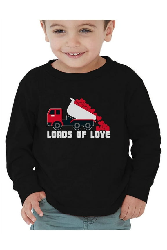 Boys Unisex Valentine's Day Dump Truck "Loads of Love" Toddler Kids Long Sleeve T-Shirt Gift Idea