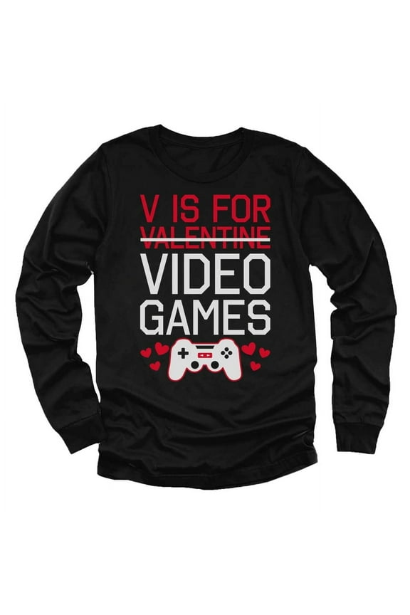 Boys Unisex Valentine's Day Shirts for Kids Love V Is for Video Games Funny Humor Gamer Gift Idea for Boy Youth Kids Long Sleeve T Shirt