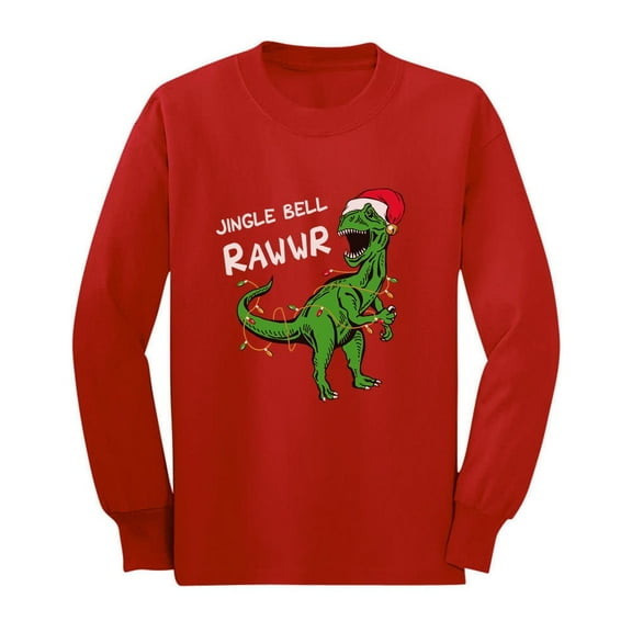 Tstars Christmas Shirt Jingle Bell Rawr T Rex Santa Youth Kids Long Sleeve T-Shirt