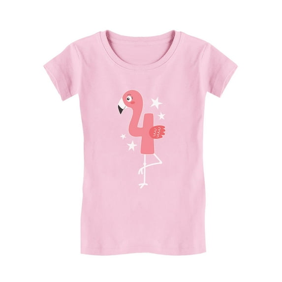 Tstars Girls 4th Birthday Gift Flamingo Shirt Birthday Gift for 4 Year Old Birthday Gift for Girls Birthday Gift for Four Year Old Birthday Party B Day Toddler Kids Girls Fitted T-Shirt