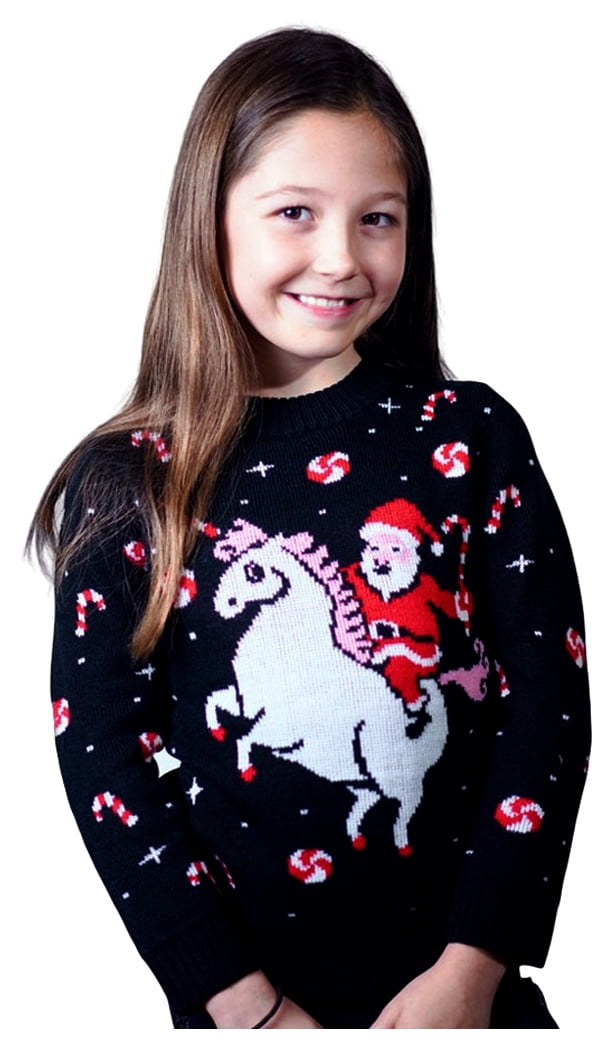 Tstars Girls Ugly Christmas Sweater Santa Riding Unicorn Kids Christmas