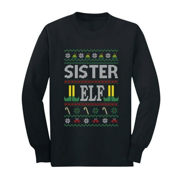 Tstars Girls Ugly Christmas Sweater Sister Elf Long Sleeve T-Shirt – Funny Holiday Shirt for Kids and Youth