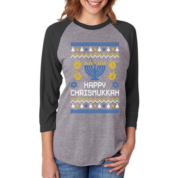 Tstars Happy Chrismukkah Ugly Xmas Hanukkah 3/4 Women Sleeve Baseball Jersey Shirt