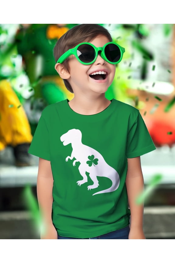 Kids St. Patricks Day T-Shirt - Dinosaur T-Rex & Shamrock Clover - Boys & Girls Toddler Tee 5T Green