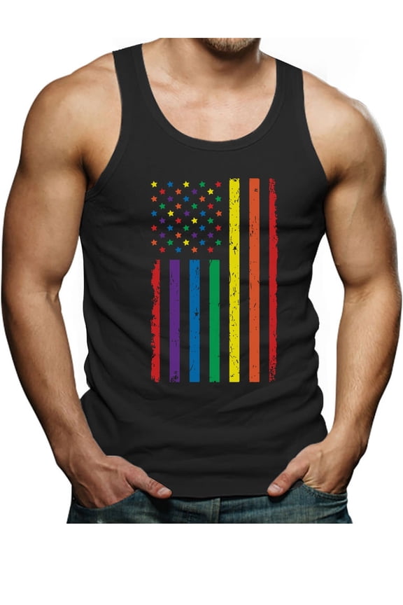 Men's Pride Tank Top with Rainbow Print - Quality American Flag Design Activewear, Ideal LGBTQ Gift, Casual Wear Designed in USA, Small Black