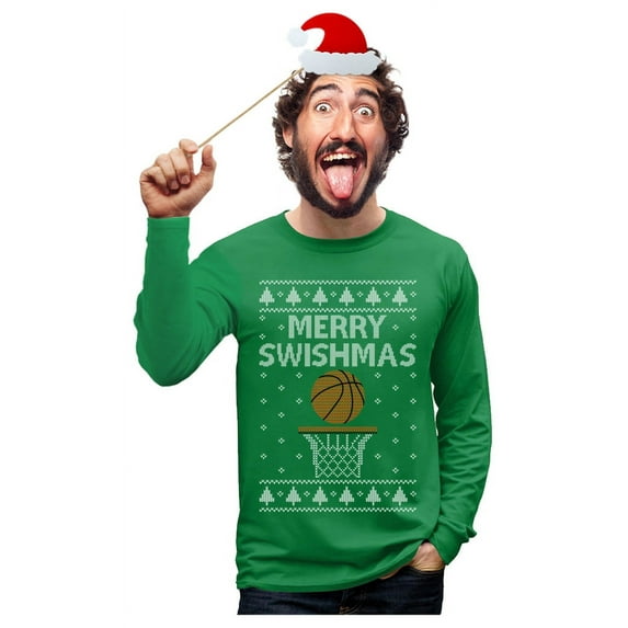 Tstars Mens Christmas Shirts Gift Merry Christmas Swishmas Ugly Sweater for Basketball Lovers Funny Humor Family Holiday Shirts Xmas Party Christmas Gifts for Him Long Sleeve T Shirt