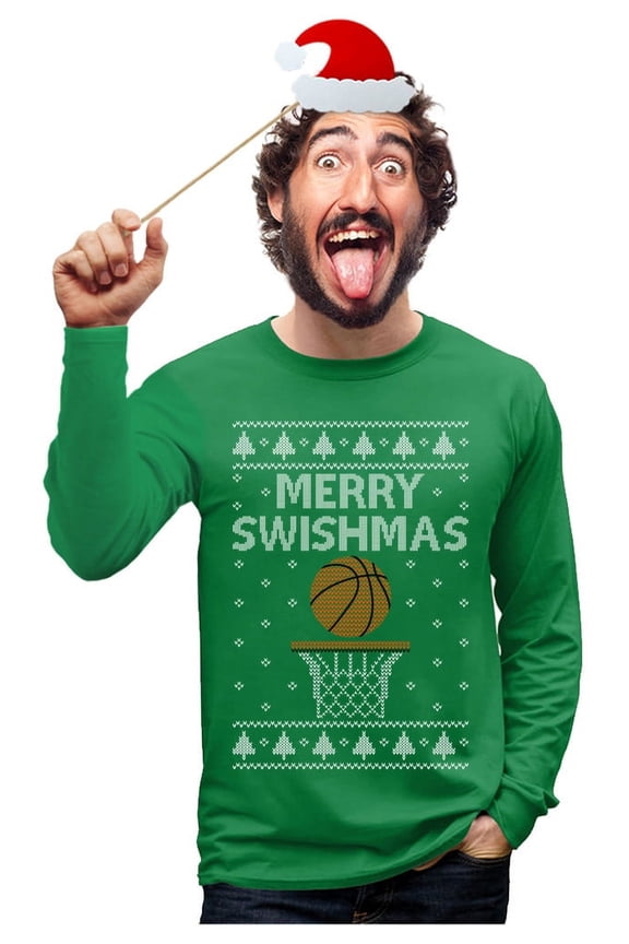 Mens Christmas Shirts Gift Merry Christmas Swishmas Ugly Sweater for Basketball Lovers Funny Humor Family Holiday Shirts Xmas Party Christmas Gifts for Him Long Sleeve T Shirt