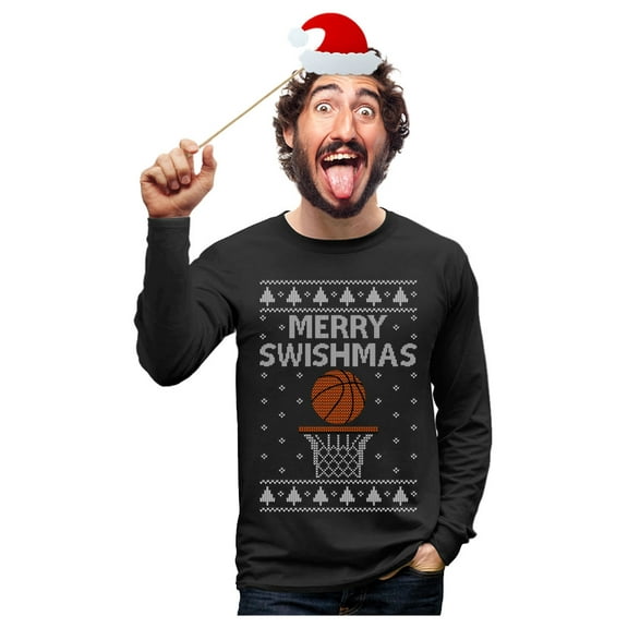 Tstars Mens Christmas Shirts Gift Merry Christmas Swishmas Ugly Sweater for Basketball Lovers Funny Humor Family Holiday Shirts Xmas Party Christmas Gifts for Him Long Sleeve T Shirt