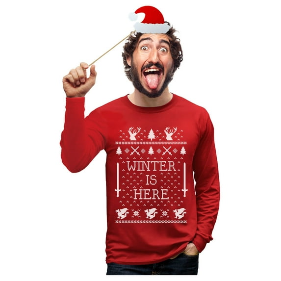Tstars Mens Christmas T-Shirt Winter Is Here Funny Gift for Friends Family Holiday Long Sleeve Tee