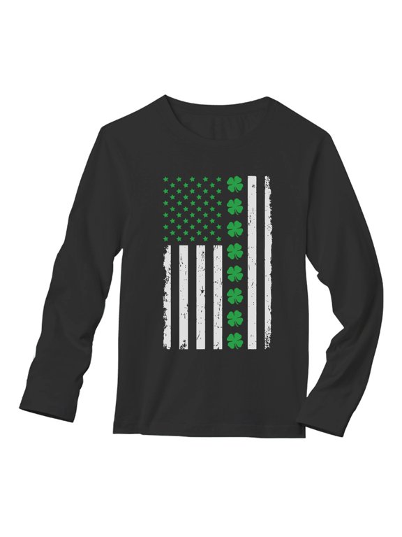 Mens Gift for St Patricks Day Big Irish American Flag with Clovers St Patricks Day Awesome Shirts Gift for Him Irish Shirt Pride Proud Irish Long Sleeve T Shirt