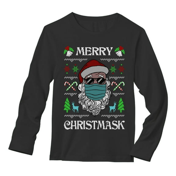 Tstars Mens Merry Christmask 2020 Quarantine Face Mask Ugly Christmas Long Sleeve T Shirt