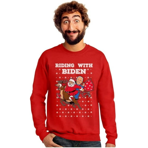 Tstars Mens Riding with Biden Ugly Christmas Sweater Funny Humor Santa Joe Biden Xmas Sweatshirt