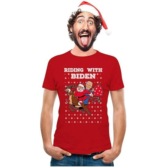 Tstars Mens Riding with Biden Ugly Christmas Funny Humor Santa Joe Biden Xmas T Shirt