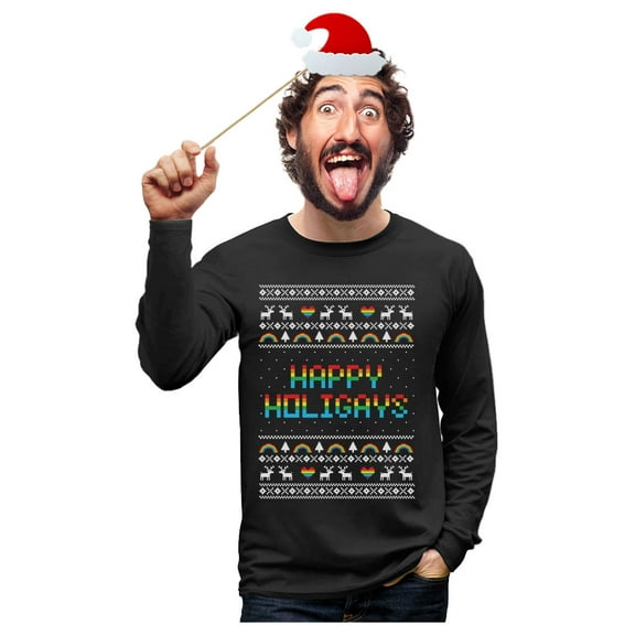 Tstars Mens Ugly Christmas Happy Holigays Rainbow Gay Lesbian LGBT Christmas Gift Funny Humor Holiday Shirts Xmas Party Christmas Gifts for Him Long Sleeve T Shirt