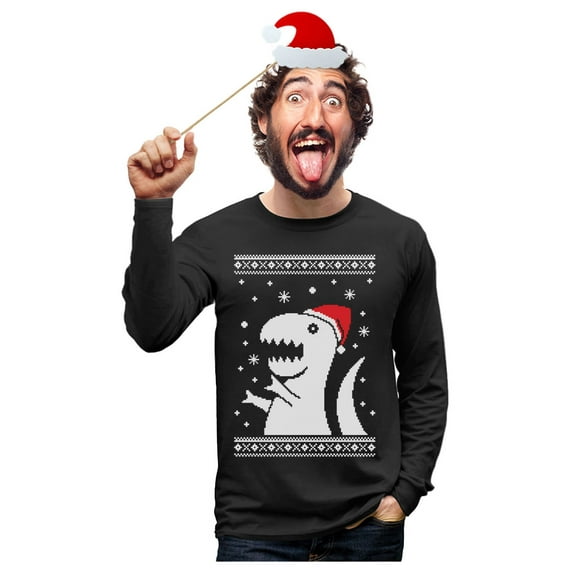 Tstars Mens Ugly Christmas Sweater Big T Rex Santa Christmas Gift Funny Humor Holiday Shirts Xmas Party Christmas Gifts for Him Long Sleeve T Shirt Ugly Xmas Sweater