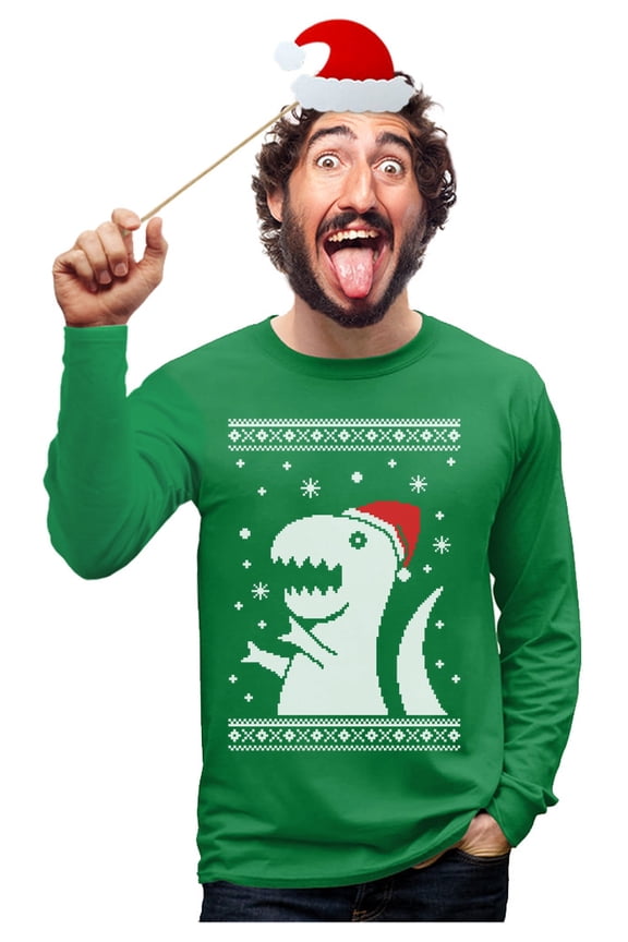 Mens Ugly Christmas Sweater Big T Rex Santa Christmas Gift Funny Humor Holiday Shirts Xmas Party Christmas Gifts for Him Long Sleeve T Shirt Ugly Xmas Sweater