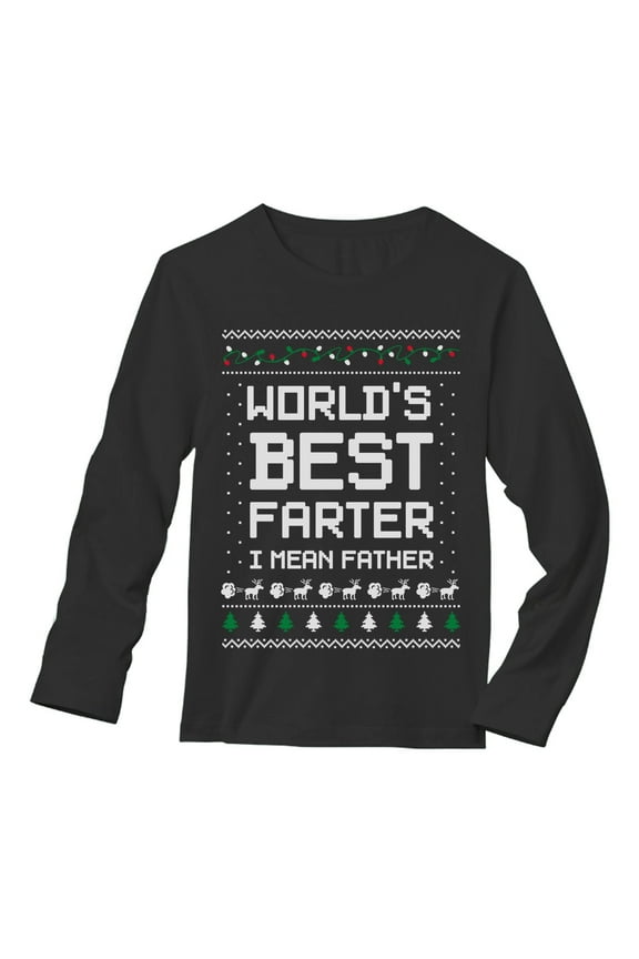 Mens Ugly Christmas Sweater Gift for Him Dad Worlds Best Farter I Mean Father Christmas Holiday Shirts Xmas Party Funny Humor Christmas Gifts for Him Long Sleeve T Shirt Ugly Xmas Sweater