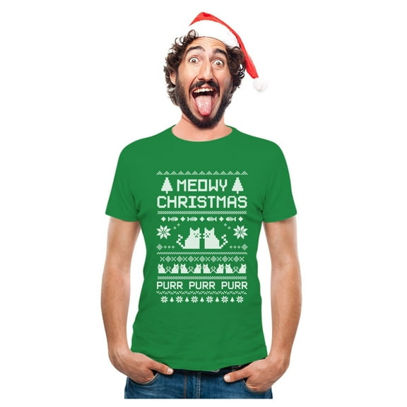 Tstars Men's Ugly Christmas T-Shirt, Meowy Christmas Graphic, Funny Holiday Tee