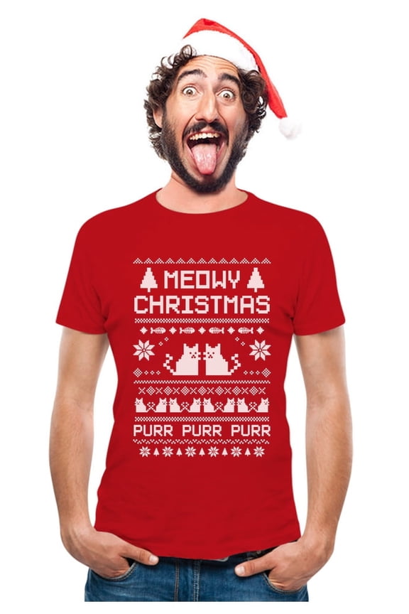 Men's Ugly Christmas T-Shirt, Meowy Christmas Graphic, Funny Holiday Tee