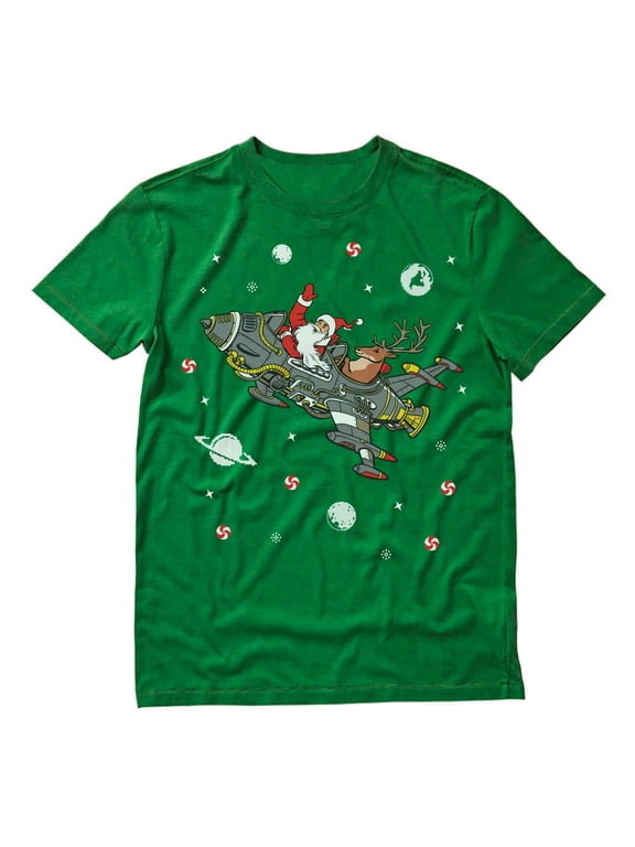 Men's Ugly Christmas T-Shirt - Funny Santa & Reindeer Space Rocket Design, Holiday Humor Xmas Party Gift for Him