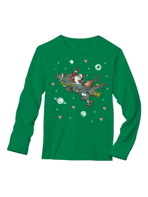 Mens Ugly Christmas Santa Reindeer Space Rocket Long Sleeve T Shirt