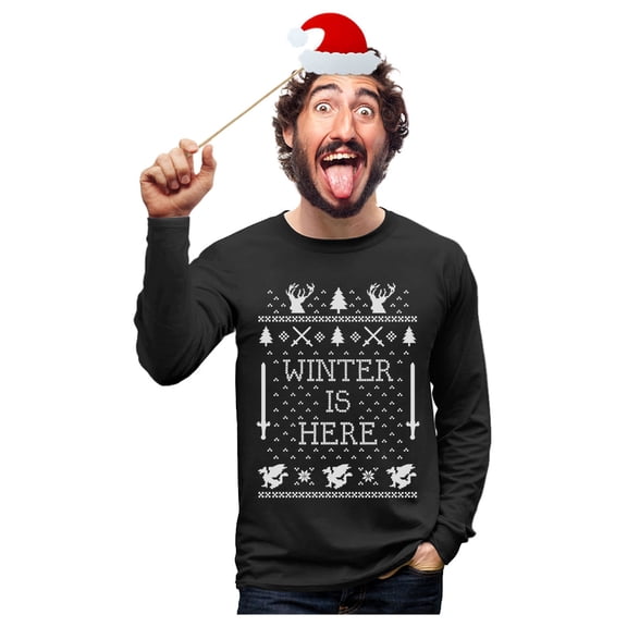 Tstars Mens Christmas T-Shirt Winter Is Here Funny Gift for Friends Family Holiday Long Sleeve Tee