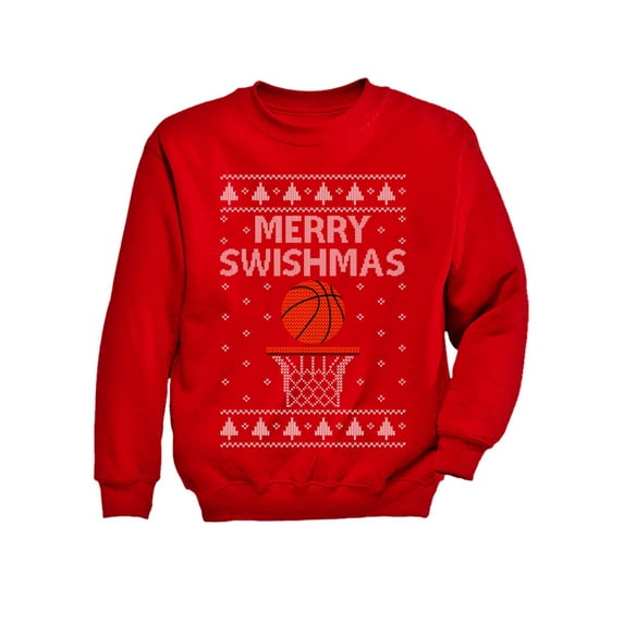 Tstars - Merry Swishmas Basketball Christmas Ugly Sweater Youth Kids Sweatshirt Large Red