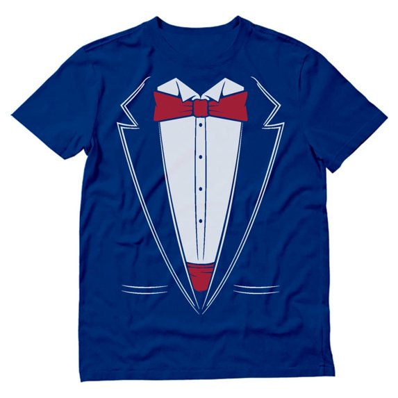 Tstars - Printed Suit & Tie Tuxedo - Red Bow Tie Bachelor Party T-Shirt Small Blue