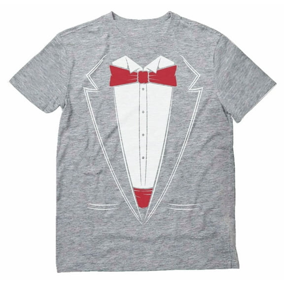 Tstars - Printed Suit & Tie Tuxedo - Red Bow Tie Bachelor Party T-Shirt Small Gray