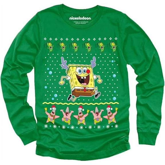 Tstars SpongeBob Reindeer Kids Funny Holiday Shirt Christmas Gifts for Boys Youth Long Sleeve T-Shirt