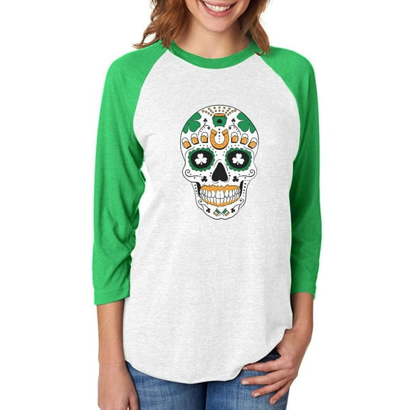 Tstars St Patricks Day Sugar Skull Clovers Women Raglan Shirt