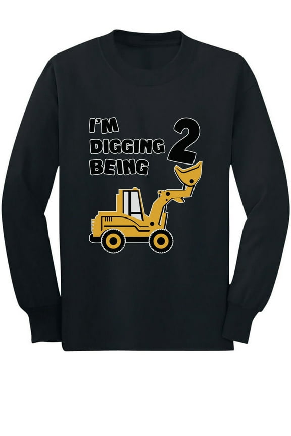 Unisex 2nd Birthday Bulldozer Construction T-Shirt - Perfect Gift for 2-Year-Old Boys - Graphic Long Sleeve Tee - Ideal for Birthday Party Celebrations - Kids' Construction-Themed Apparel