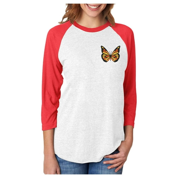 Tstars Women's Butterfly Graphic Tee: Adorable & Trendy Summer Baseball 3/4 Jersey Shirt - Soft & Comfy Triblend T-Shirt with Colorful Butterfly Print Large red/white