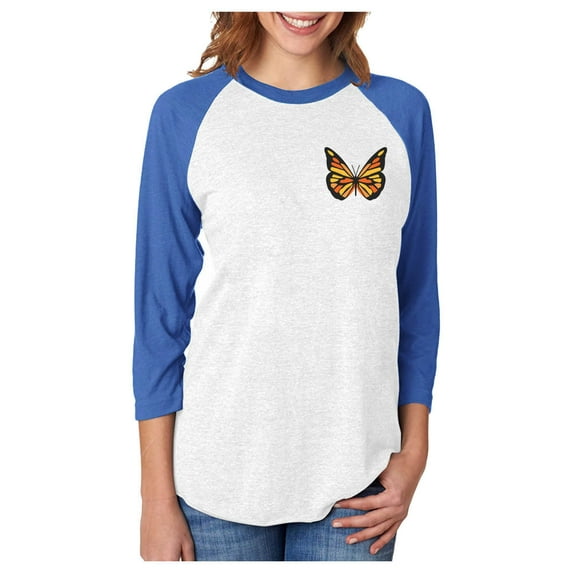Tstars Women's Butterfly Graphic Tee: Adorable & Trendy Summer Baseball 3/4 Jersey Shirt - Soft & Comfy Triblend T-Shirt with Colorful Butterfly Print Medium blue/white