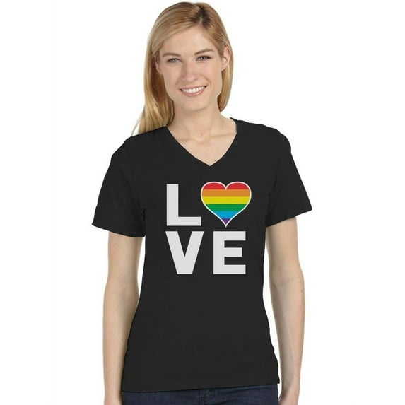 Tstars Women's LGBT Pride Shirt - V-Neck Design - Love Rainbow Heart Print - Lesbian Rights & Gay Support Apparel - Ideal for Pride Parades - Large Black