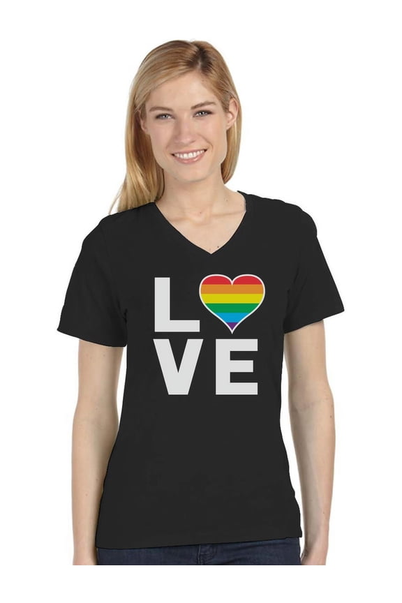 Women's LGBT Pride Shirt - V-Neck Design - Love Rainbow Heart Print - Lesbian Rights & Gay Support Apparel - Ideal for Pride Parades - Medium Black